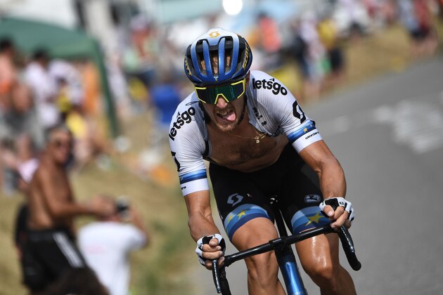 Italy's Matteo Trentin leads the race during the seventeenth stage of the 106th edition of the Tour de France cycling race between Pont du Gard and Gap, in Gap, on July 24, 2019. (Photo by JEFF PACHOUD / AFP)        (Photo credit should read JEFF PACHOUD/AFP/Getty Images)