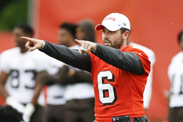 Cleveland Browns quarterback Baker Mayfield runs a drill at the team's NFL football training facility in Berea, Ohio, Tuesday, June 4, 2019. (AP Photo/Ron Schwane)