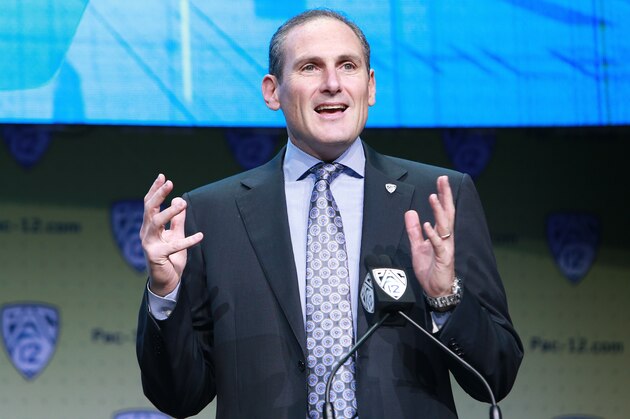 HOLLYWOOD, CA - JULY 26:  PAC12 Commissioner Larry Scott speaks to the media during PAC12 Media Days on July 26, 2017 in Hollywood, California.  (Photo by Leon Bennett/Getty Images)