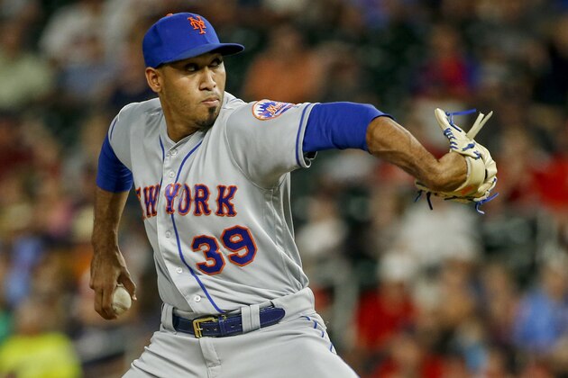 New York Mets relief pitcher Edwin Diaz throws to a Minnesota Twins batter during the ninth inning of a baseball game Tuesday, July 16, 2019, in Minneapolis. The Mets won 3-2 and Diaz earned the save. (AP Photo/Bruce Kluckhohn)