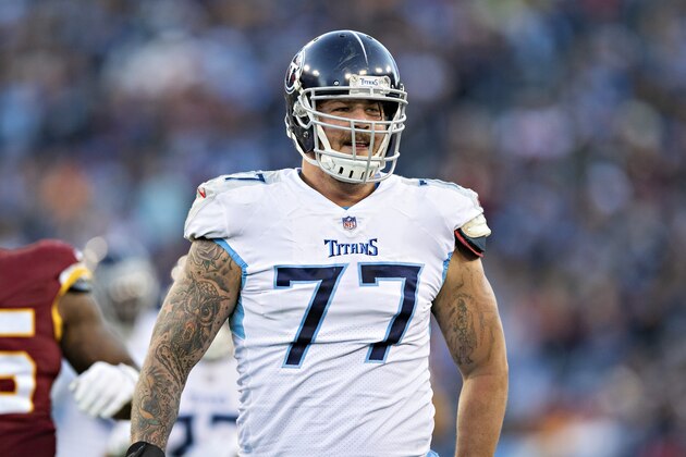 NASHVILLE, TN - DECEMBER 22:  Taylor Lewan #77 of the Tennessee Titans looks to the sidelines during a game against the Washington Redskins at Nissan Stadium on December 22, 2018 in Nashville, Tennessee.  The Titans defeated the Redskins 25-16.   (Photo by Wesley Hitt/Getty Images)