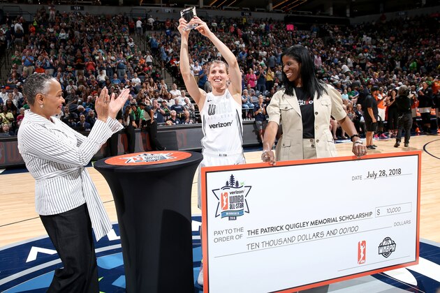 MINNEAPOLIS, MN - JULY 28: WNBA President Lisa Borders presents Allie Quigley #14 of the Chicago Sky with the Trophy during the Three-Point Contest during halftime during the Verizon WNBA All-Star Game 2018 on July 28, 2018 at the Target Center in Minneapolis, Minnesota. NOTE TO USER: User expressly acknowledges and agrees that, by downloading and/or using this photograph, user is consenting to the terms and conditions of the Getty Images License Agreement. Mandatory Copyright Notice: Copyright 2018 NBAE (Photo by David Sherman/NBAE via Getty Images)
