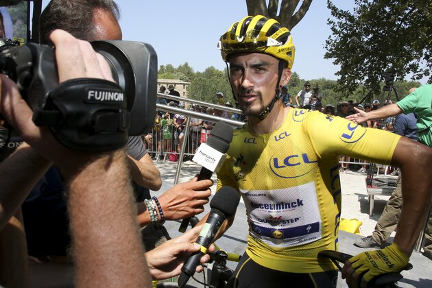 PONT DU GARD, FRANCE - JULY 24: Yellow jersey Julian Alaphilippe of France and Deceuninck-Quick Step at the start of stage 17 of the 106th Tour de France 2019, a stage from Pont du Gard to Gap (200km) on July 24, 2019 in Pont du Gard, France. (Photo by Jean Catuffe/Getty Images)