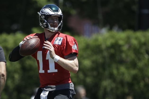 Philadelphia Eagles quarterback Carson Wentz in action at the NFL football team's practice facility in Philadelphia, Tuesday, June 11, 2019. (AP Photo/Matt Rourke)