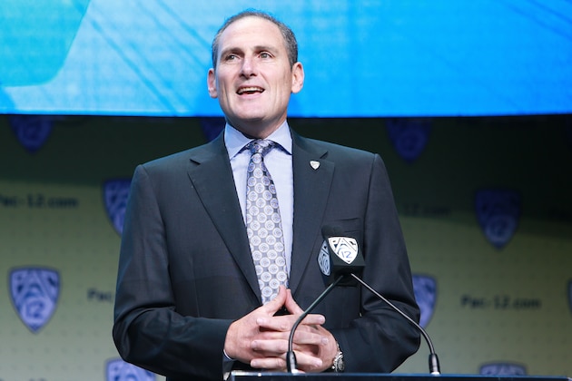 HOLLYWOOD, CA - JULY 26:  PAC12 Commissioner Larry Scott speaks to the media during PAC12 Media Days on July 26, 2017 in Hollywood, California.  (Photo by Leon Bennett/Getty Images)
