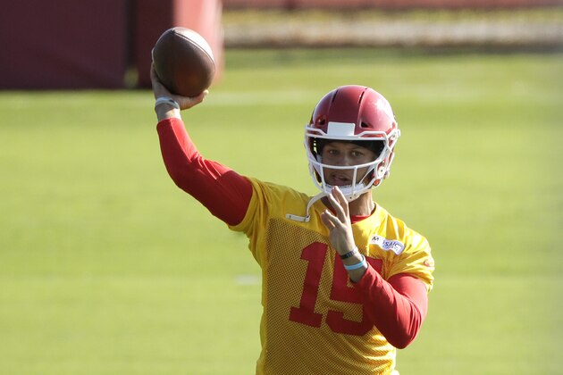 Kansas City Chiefs quarterback Patrick Mahomes throws during NFL football training camp Wednesday, July 24, 2019, in St. Joseph, Mo. (AP Photo/Charlie Riedel)
