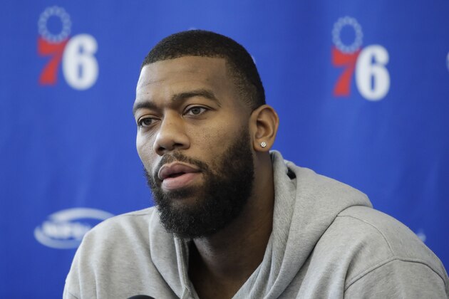 Philadelphia 76ers' Greg Monroe speaks with members of the media during a news conference at the NBA basketball team's practice facility in Camden, N.J., Monday, May 13, 2019. (AP Photo/Matt Rourke)