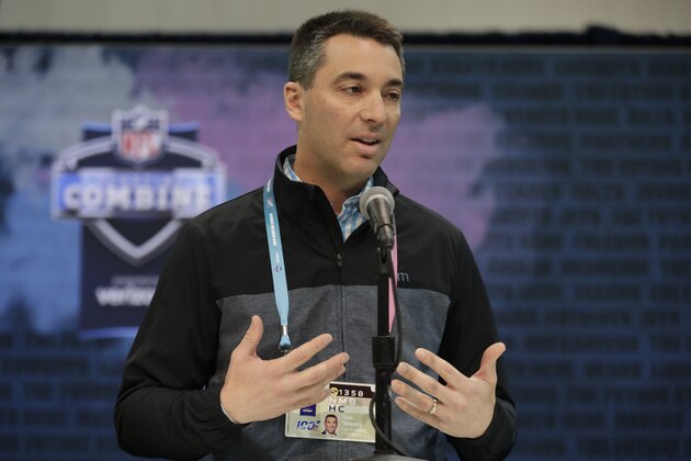 Los Angeles Chargers general manager Tom Telesco speaks during a press conference at the NFL football scouting combine in Indianapolis, Thursday, Feb. 28, 2019. (AP Photo/Michael Conroy)