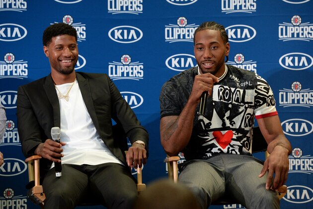 LOS ANGELES, CA - JULY 24: Kawhi Leonard #2 of the LA Clippers talks at the LA Clippers Introductory Press Conference at Green Meadows Recreation Center on July 24, 2019 in Los Angeles, California. NOTE TO USER: User expressly acknowledges and agrees that, by downloading and/or using this Photograph, user is consenting to the terms and conditions of the Getty Images License Agreement. Mandatory Copyright Notice: Copyright 2019 NBAE (Photo by Andrew D. Bernstein/NBAE via Getty Images)