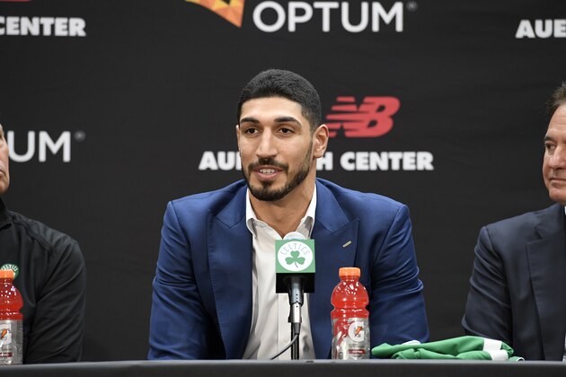 BOSTON, MA - JULY 17: Enes Kanter #11 of the Boston Celtics speaks to the media during the introductory press conference on July 17, 2019 at the Auerbach Center in Boston, Massachusetts. NOTE TO USER: User expressly acknowledges and agrees that, by downloading and/or using this photograph, user is consenting to the terms and conditions of the Getty Images License Agreement. Mandatory Copyright Notice: Copyright 2019 NBAE (Photo by Brian Babineau/NBAE via Getty Images)