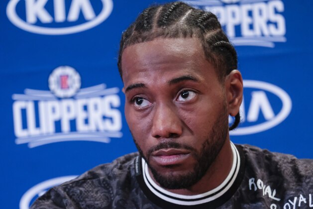 Los Angeles Clippers NBA basketball team introduce Kawhi Leonard at a press conference at the Green Meadows Recreation Center in Los Angeles, Wednesday, July 23, 2019. (AP Photo/Ringo H.W. Chiu)