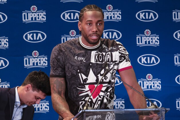 Los Angeles Clippers NBA basketball team introduce Kawhi Leonard at a press conference at the Green Meadows Recreation Center in Los Angeles, Wednesday, July 23, 2019. (AP Photo/Ringo H.W. Chiu)