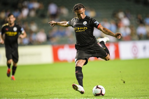 HONG KONG, HONG KONG - JULY 24: Leroy Sane of Manchester City attempts a kick for scoring his goal during the preseason friendly match between Kitchee and Manchester City at the Hong Kong Stadium on July 24, 2019 in Hong Kong. (Photo by Eurasia Sport Images/Getty Images)