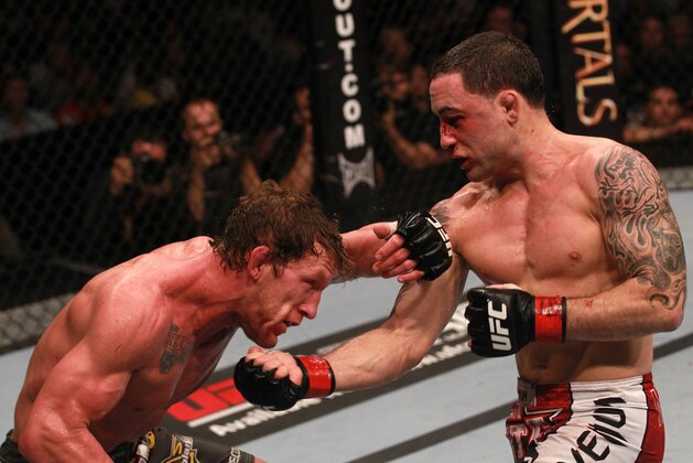 HOUSTON, TX - OCTOBER 08:  (R-L) Frankie Edgar punches Gray Maynard during the UFC 136 event at Toyota Center on October 8, 2011 in Houston, Texas.  (Photo by Nick Laham/Zuffa LLC/Zuffa LLC via Getty Images)