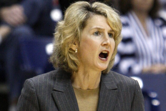 Rhode Island head coach Cathy Inglese reacts in the second half of an NCAA college basketball game against Xavier, Saturday, Jan. 29, 2011, in Cincinnati. Xavier won 67-45. (AP Photo/David Kohl)