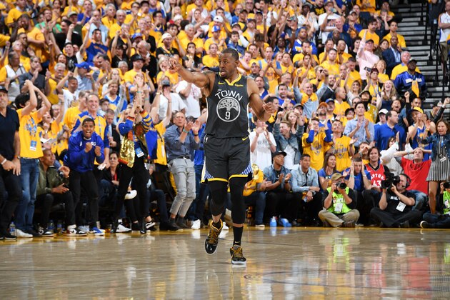 OAKLAND, CA - JUNE 13: Andre Iguodala #9 of the Golden State Warriors reacts to a play during Game Six of the NBA Finals against the Toronto Raptors on June 13, 2019 at ORACLE Arena in Oakland, California. NOTE TO USER: User expressly acknowledges and agrees that, by downloading and/or using this photograph, user is consenting to the terms and conditions of Getty Images License Agreement. Mandatory Copyright Notice: Copyright 2019 NBAE (Photo by Andrew D. Bernstein/NBAE via Getty Images)