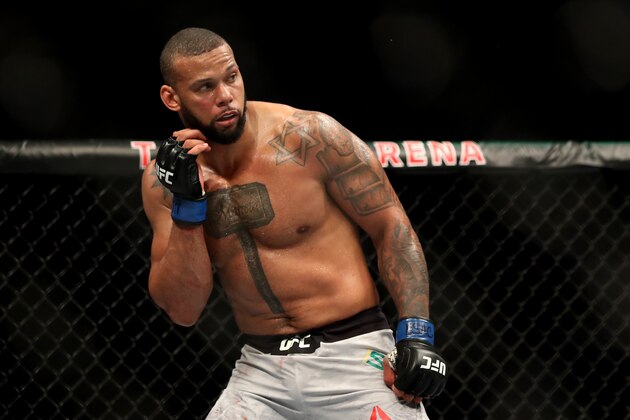 LAS VEGAS, NEVADA - JULY 06:   Thiago Santos of Brazil looks on prior to a UFC Light Heavyweight Title bout against Jon Jones at T-Mobile Arena on July 06, 2019 in Las Vegas, Nevada. (Photo by Sean M. Haffey/Getty Images)