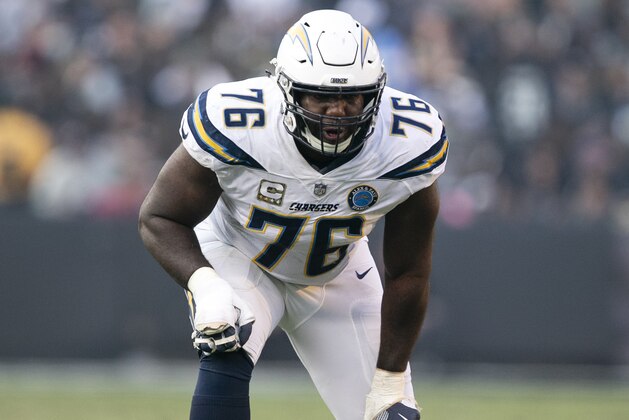 Los Angeles Chargers offensive tackle Russell Okung (76) in action during an NFL football game against the Oakland Raiders, Sunday, Nov. 11, 2018 in Oakland. (AP Photo/Damon Tarver)