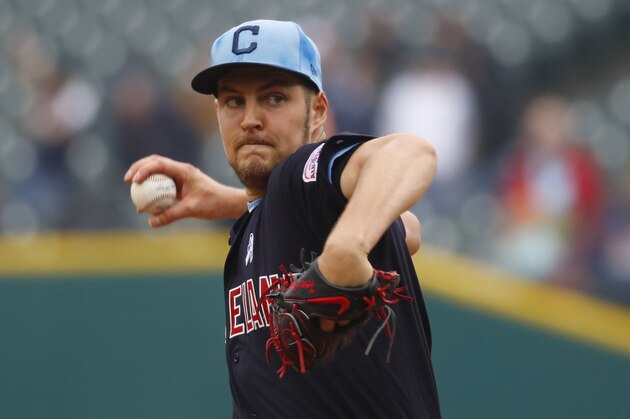Cleveland Indians pitcher Trevor Bauer throws in the seventh inning of a baseball game against the Detroit Tigers in Detroit, Sunday, June 16, 2019. (AP Photo/Paul Sancya)