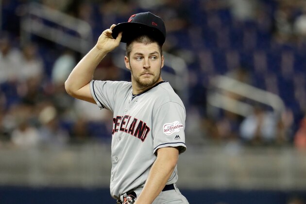 Cleveland Indians starting pitcher Trevor Bauer stands on the mound during the second inning of an interleague baseball game against the Miami Marlins, Tuesday, April 30, 2019, in Miami. (AP Photo/Lynne Sladky)
