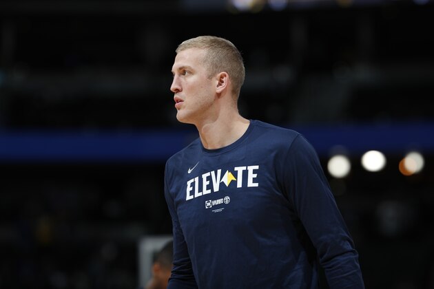 Denver Nuggets forward Mason Plumlee (24) in the first half of Game 2 of an NBA basketball second-round playoff series Wednesday, May 1, 2019, in Denver. (AP Photo/David Zalubowski)
