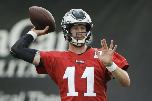 Philadelphia Eagles quarterback Carson Wentz throws a pass during practice at the NFL football team's training camp in Philadelphia, Thursday, July 25, 2019. (AP Photo/Matt Rourke)