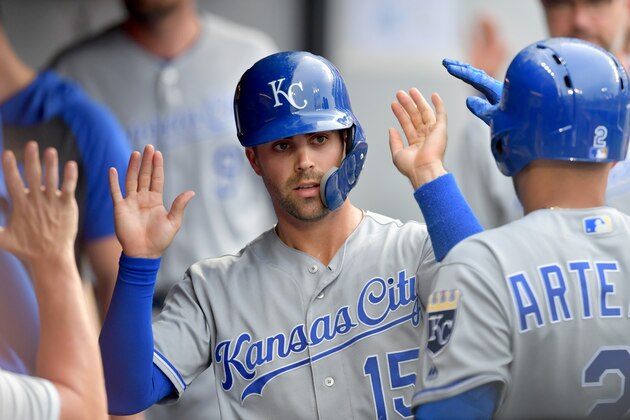 CLEVELAND, OHIO - JULY 19: Whit Merrifield #15 of the Kansas City Royals celebrates after scoring during the third inning against the Cleveland Indians at Progressive Field on July 19, 2019 in Cleveland, Ohio. (Photo by Jason Miller/Getty Images)