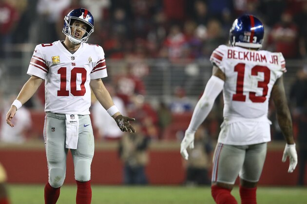 SANTA CLARA, CA - NOVEMBER 12: Eli Manning #10 and Odell Beckham #13 of the New York Giants react to a play against the San Francisco 49ers during their NFL game at Levi's Stadium on November 12, 2018 in Santa Clara, California. (Photo by Ezra Shaw/Getty Images)