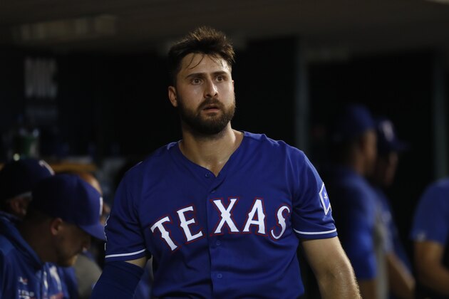 Texas Rangers' Joey Gallo watches in the ninth inning of a baseball game against the Detroit Tigers in Detroit, Wednesday, June 26, 2019. (AP Photo/Paul Sancya)