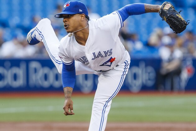TORONTO, ONTARIO - JULY 24: Marcus Stroman #6 of the Toronto Blue Jays pitches against the Cleveland Indians in the third inning during their MLB game at the Rogers Centre on July 24, 2019 in Toronto, Canada. (Photo by Mark Blinch/Getty Images)