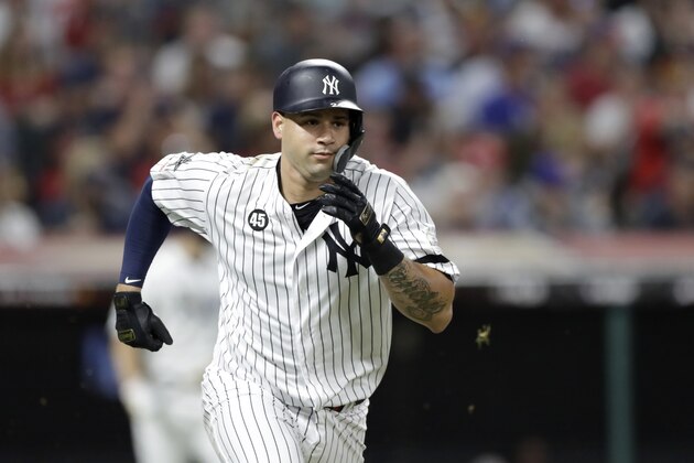 American League's Gary Sanchez, of the New York Yankees, doubles during the fifth inning of the MLB baseball All-Star Game against the National League, Tuesday, July 9, 2019, in Cleveland. (AP Photo/Tony Dejak)