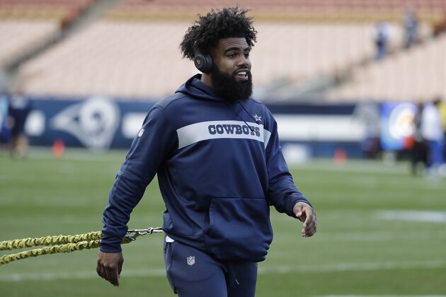 Dallas Cowboys running back Ezekiel Elliott warms up before an NFL divisional football playoff game against the Los Angeles Rams Saturday, Jan. 12, 2019, in Los Angeles. (AP Photo/Marcio Jose Sanchez)