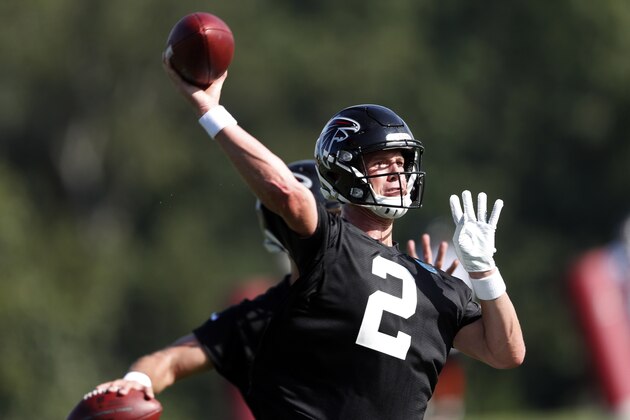 Atlanta Falcons quarterback Matt Ryan (2) throws a pass during their NFL training camp football practice Monday, July 22, 2019, in Flowery Branch, Ga.(AP Photo/John Bazemore)