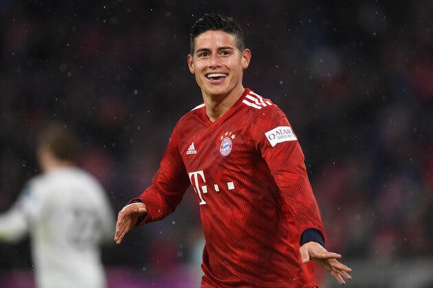 Bayern Munich's Colombian James Rodriguez reacts after scoring his third goal during the German first division Bundesliga football match FC Bayern Munich v FSV Mainz 05 in Munich, southern Germany on March 17, 2019. (Photo by Christof STACHE / AFP) / RESTRICTIONS: DFL REGULATIONS PROHIBIT ANY USE OF PHOTOGRAPHS AS IMAGE SEQUENCES AND/OR QUASI-VIDEO (Photo credit should read CHRISTOF STACHE/AFP/Getty Images) Bayern Munich's Colombian James Rodriguez reacts after scoring his third goal during the German first division Bundesliga football match FC Bayern Munich v FSV Mainz 05 in Munich, southern Germany on March 17, 2019. (Photo by Christof STACHE / AFP) / RESTRICTIONS: DFL REGULATIONS PROHIBIT ANY USE OF PHOTOGRAPHS AS IMAGE SEQUENCES AND/OR QUASI-VIDEO (Photo credit should read CHRISTOF STACHE/AFP/Getty Images)