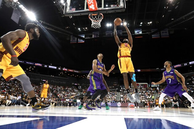 NEW YORK, NEW YORK - JULY 14: C.J. Leslie #5 of Bivouac shoots against Rashard Lewis #9 of 3 Headed Monsters during week four of the BIG3 three-on-three basketball league at Barclays Center on July 14, 2019 in the Brooklyn borough of New York City. (Photo by Al Bello/BIG3/Getty Images)