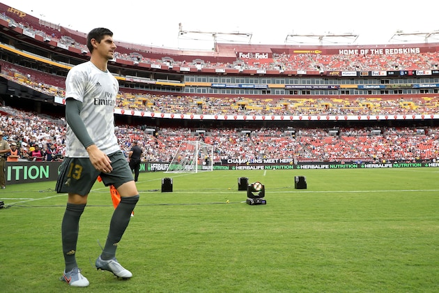 LANDOVER, MARYLAND - JULY 23:  Thibaut Courtois #13 of Real Madrid takes the field prior to the 2019 International Champions Cup match against Arsenal at FedExField on July 23, 2019 in Landover, Maryland. (Photo by Rob Carr/International Champions Cup via Getty Images/Getty Images)