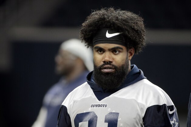 FILE - In this May 22, 2019 file photo Dallas Cowboys running back Ezekiel Elliott (21) walks off the field after NFL football practice in Frisco, Texas. Elliott is vowing to avoid incidents similar to a recent one in Las Vegas that forced the star running back to meet with Commissioner Roger Goodell. Elliott tweeted Tuesday, July 2, 2019 after meeting with Goodell in New York that he had “worked hard to make better decisions” but “failed to do that” during a music festival in May at Las Vegas Motor Speedway. (AP Photo/Michael Ainsworth, file)