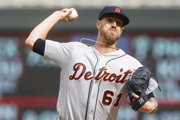 Detroit Tigers pitcher Shane Greene throws against the Minnesota Twins in the ninth inning in the first baseball game of a doubleheader, Saturday, May 11, 2019, in Minneapolis. The Tigers won 5-3. Greene got the save. (AP Photo/Jim Mone)