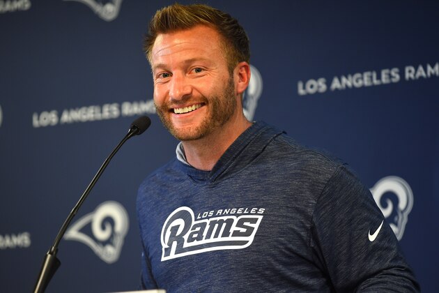 THOUSAND OAKS, CA - JUNE 11: Sean McVay, head coach of the Los Angeles Rams, talks to the media following minicamp at the team's practice facility at California Lutheran University on June 11, 2019 in Thousand Oaks, California. (Photo by Jayne Kamin-Oncea/Getty Images)