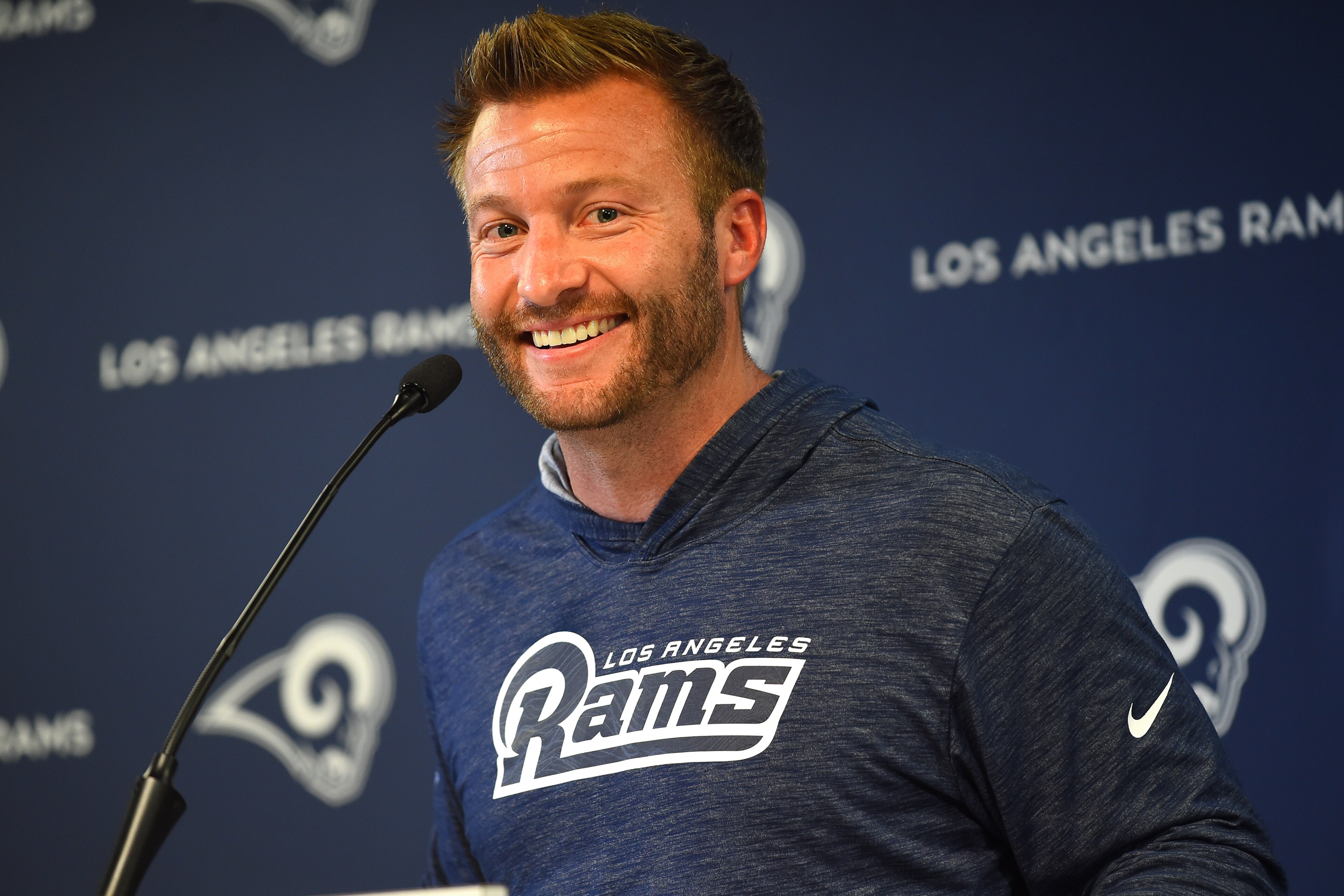 THOUSAND OAKS, CA - JUNE 11: Sean McVay, head coach of the Los Angeles Rams, talks to the media following minicamp at the team's practice facility at California Lutheran University on June 11, 2019 in Thousand Oaks, California. (Photo by Jayne Kamin-Oncea/Getty Images) THOUSAND OAKS, CA - JUNE 11: Sean McVay, head coach of the Los Angeles Rams, talks to the media following minicamp at the team's practice facility at California Lutheran University on June 11, 2019 in Thousand Oaks, California. (Photo by Jayne Kamin-Oncea/Getty Images)