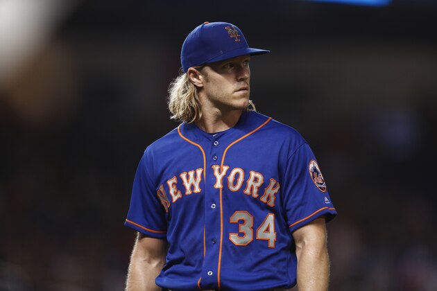 New York Mets starting pitcher Noah Syndergaard (34) in action during a baseball game against the Miami Marlins on Saturday, July 13, 2019, in Miami. (AP Photo/Brynn Anderson)