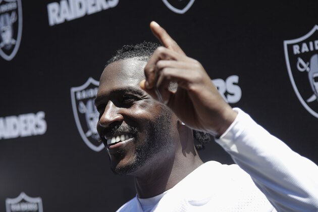 Oakland Raiders wide receiver Antonio Brown speaks to reporters after an official team activity at the NFL football team's headquarters in Alameda, Calif., Tuesday, May 28, 2019. (AP Photo/Jeff Chiu)