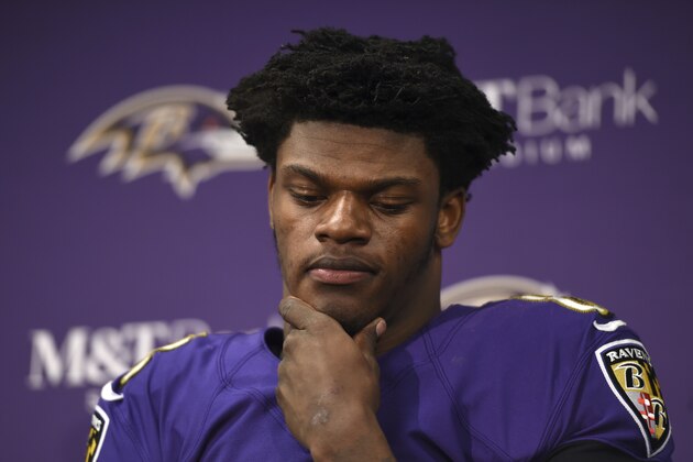 Baltimore Ravens quarterback Lamar Jackson speaks at a news conference after an NFL wild card playoff football game against the Los Angeles Chargers, Sunday, Jan. 6, 2019, in Baltimore. (AP Photo/Gail Burton)