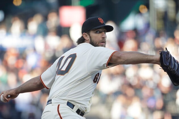 San Francisco Giants pitcher Madison Bumgarner throws against the Chicago Cubs during a baseball game in San Francisco, Tuesday, July 23, 2019. (AP Photo/Jeff Chiu)