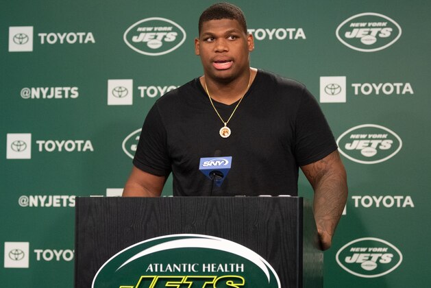 FLORHAM PARK, NJ - JUNE 05: Quinnen Williams #95 of the New York Jets speaks with the media before day two of mandatory minicamp at the Atlantic Health Jets Training Center on June 5, 2019 in Florham Park, New Jersey. (Photo by Mark Brown/Getty Images)