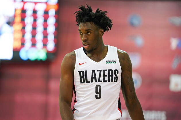 LAS VEGAS, NEVADA - JULY 07: Nassir Little #9 of the Portland Trailblazers looks on during a game against the Houston Rockets at NBA Summer League on July 07, 2019 in Las Vegas, Nevada. (Photo by Cassy Athena/Getty Images)