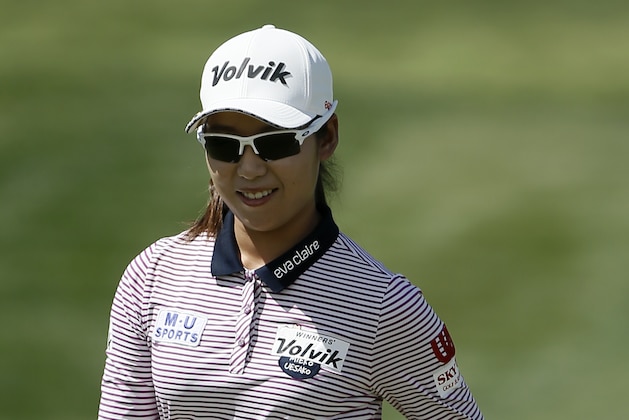 Mi Hyang Lee, of South Korea, smiles after her birdie putt on the second hole during the final round of the LPGA Tour ANA Inspiration golf tournament at Mission Hills Country Club in Rancho Mirage, Calif., Sunday, April 7, 2019. (AP Photo/Alex Gallardo)