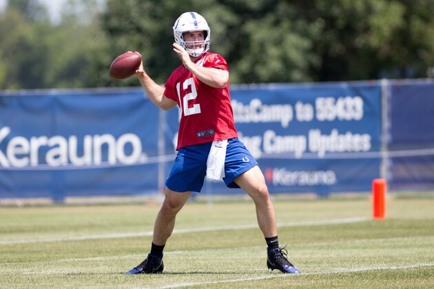 WESTFIELD, INDIANA - JULY 25: Andrew Luck #12 of the Indianapolis Colts throws a pass during the Colts' training camp at Grand Park on July 25, 2019 in Westfield, Indiana. (Photo by Justin Casterline/Getty Images)