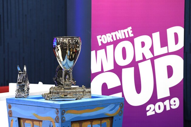 NEW YORK, NEW YORK - JULY 25:  A view of the singles trophy on display during previews ahead of the 2019 Fortnite World Cup World Cup on July 25, 2019 in New York City. (Photo by Steven Ryan/Getty Images)
