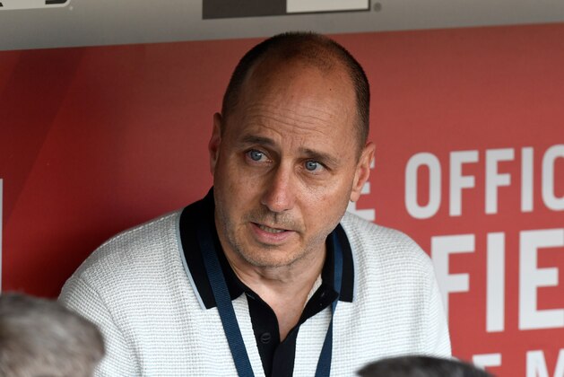 WASHINGTON, DC - MAY 15:  General Manager Brian Cashman of the New York Yankees talks to the media before the game against the Washington Nationals at Nationals Park on May 15, 2018 in Washington, DC.  (Photo by G Fiume/Getty Images)